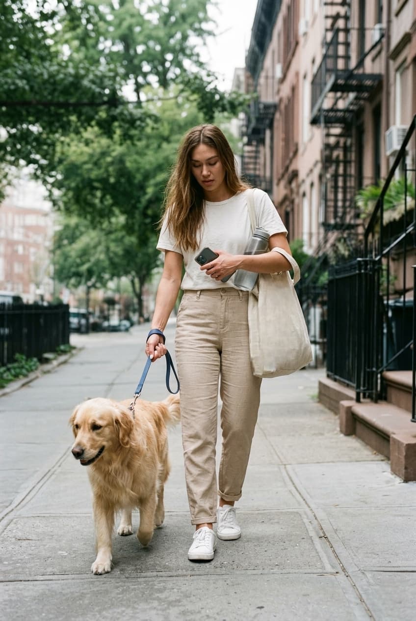 Woman struggling with dog leash water bottle tote bag hands full during dog walk