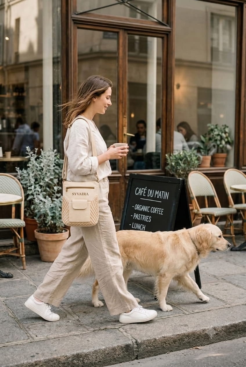 SYVAIRA Walk Companion crossbody bag café terrace golden retriever slow living lifestyle