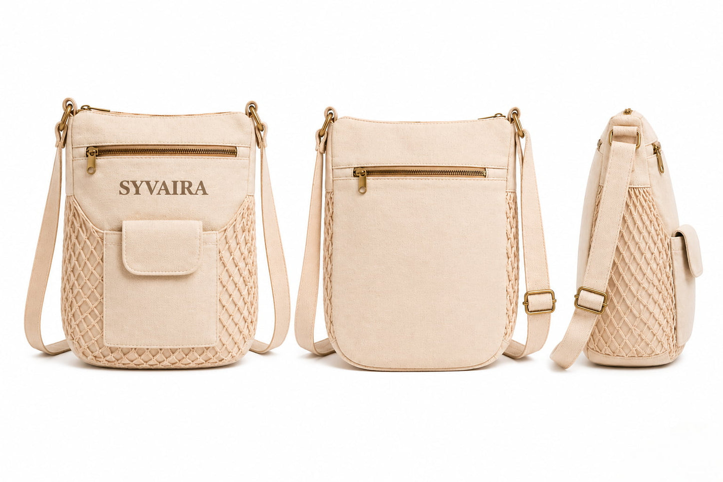 SYVAIRA Walk Companion canvas crossbody bag three views front back side
