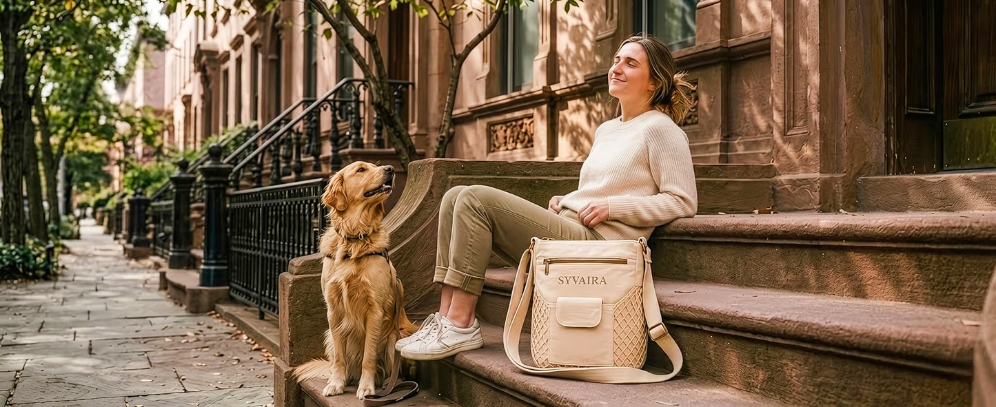 SYVAIRA Walk Companion crossbody bag worn on Brooklyn brownstone steps with golden retriever