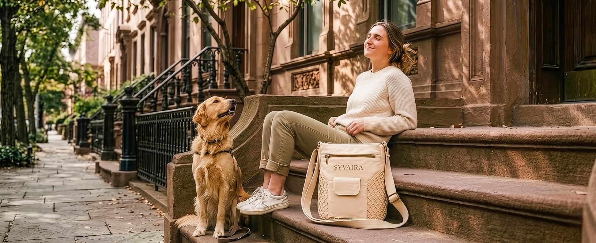 SYVAIRA Walk Companion crossbody bag worn on Brooklyn brownstone steps with golden retriever