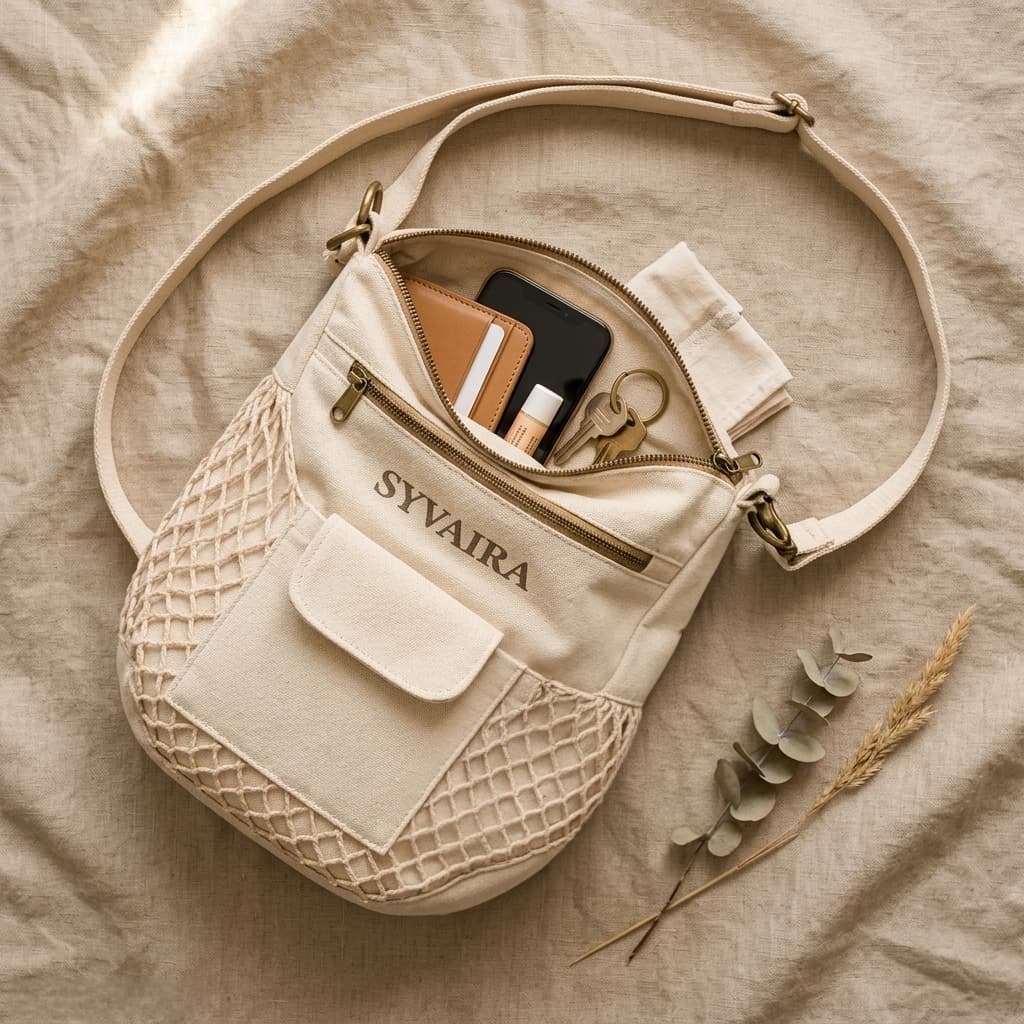 SYVAIRA Walk Companion open interior showing organization pockets wallet phone keys