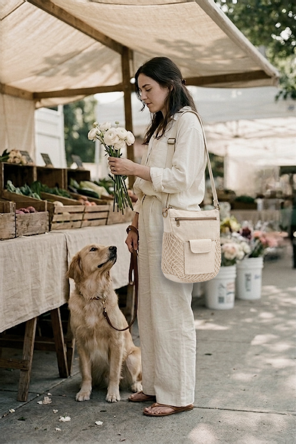 SYVAIRA Walk Companion crossbody bag at French-style outdoor market