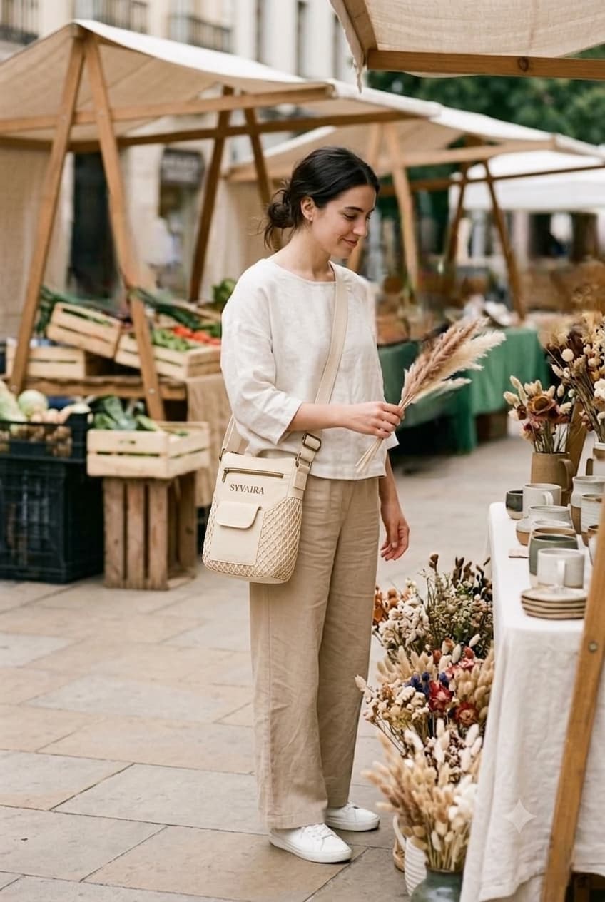 SYVAIRA Walk Companion crossbody bag worn at farmers market holding flowers hands free