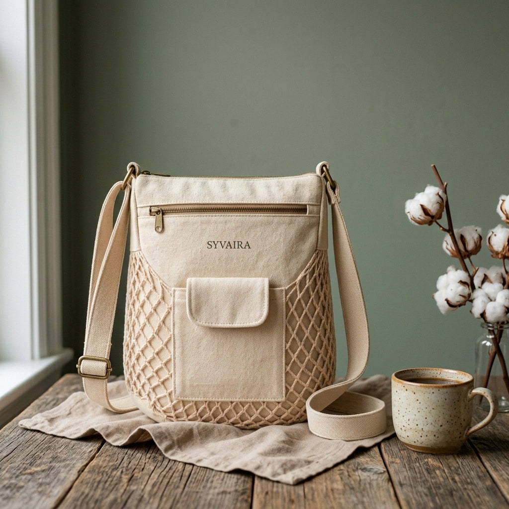 SYVAIRA Walk Companion canvas crossbody bag on wooden table with cotton stems and ceramic mug