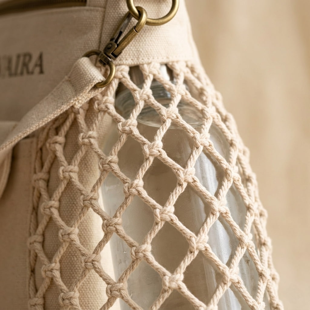 SYVAIRA Walk Companion hand woven diamond mesh pocket detail brass hardware close up
