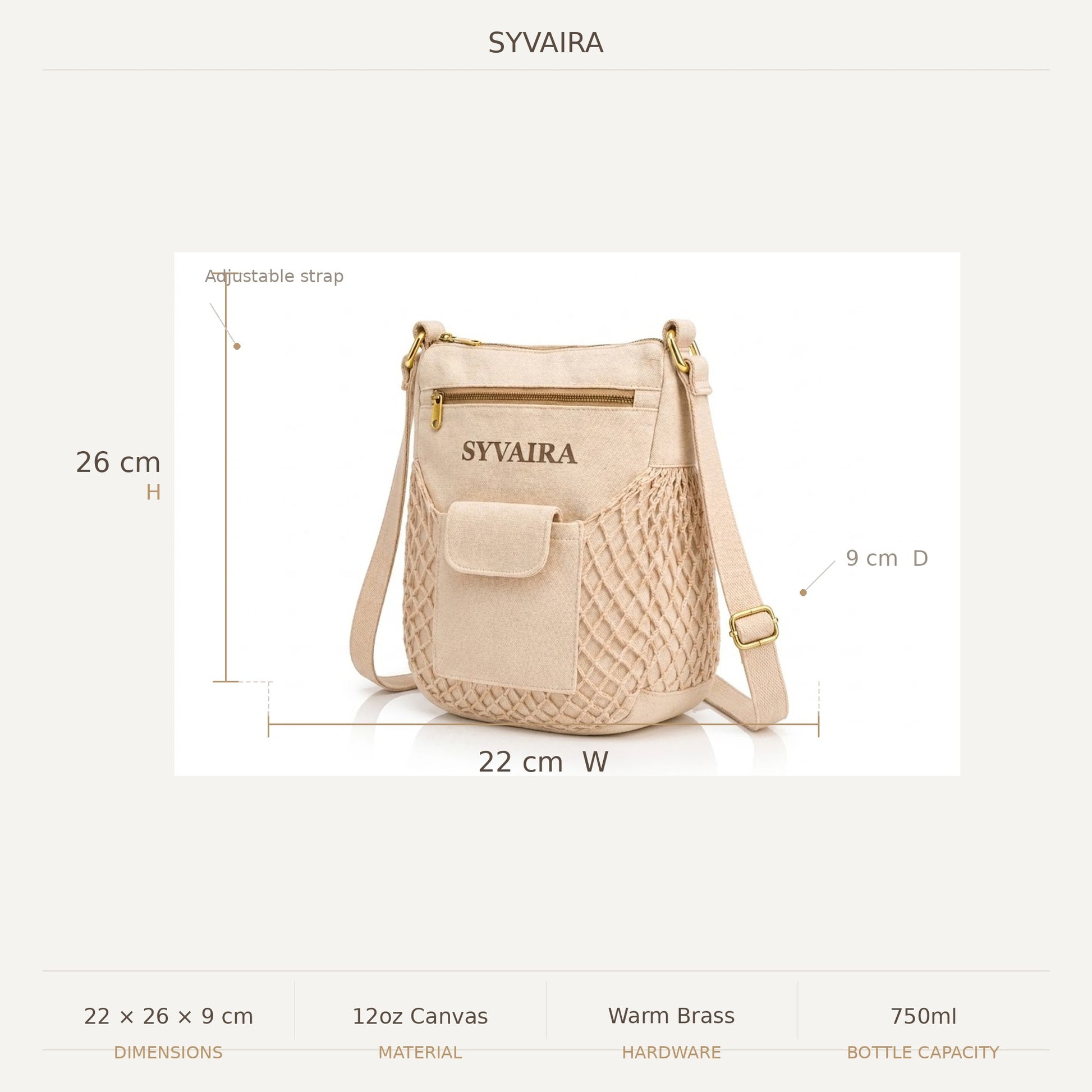 SYVAIRA Walk Companion bag dimensions 22cm width 26cm height 9cm depth size guide